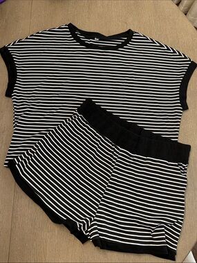 Black & White Striped Tee and Pocketed Shorts Lounge Set